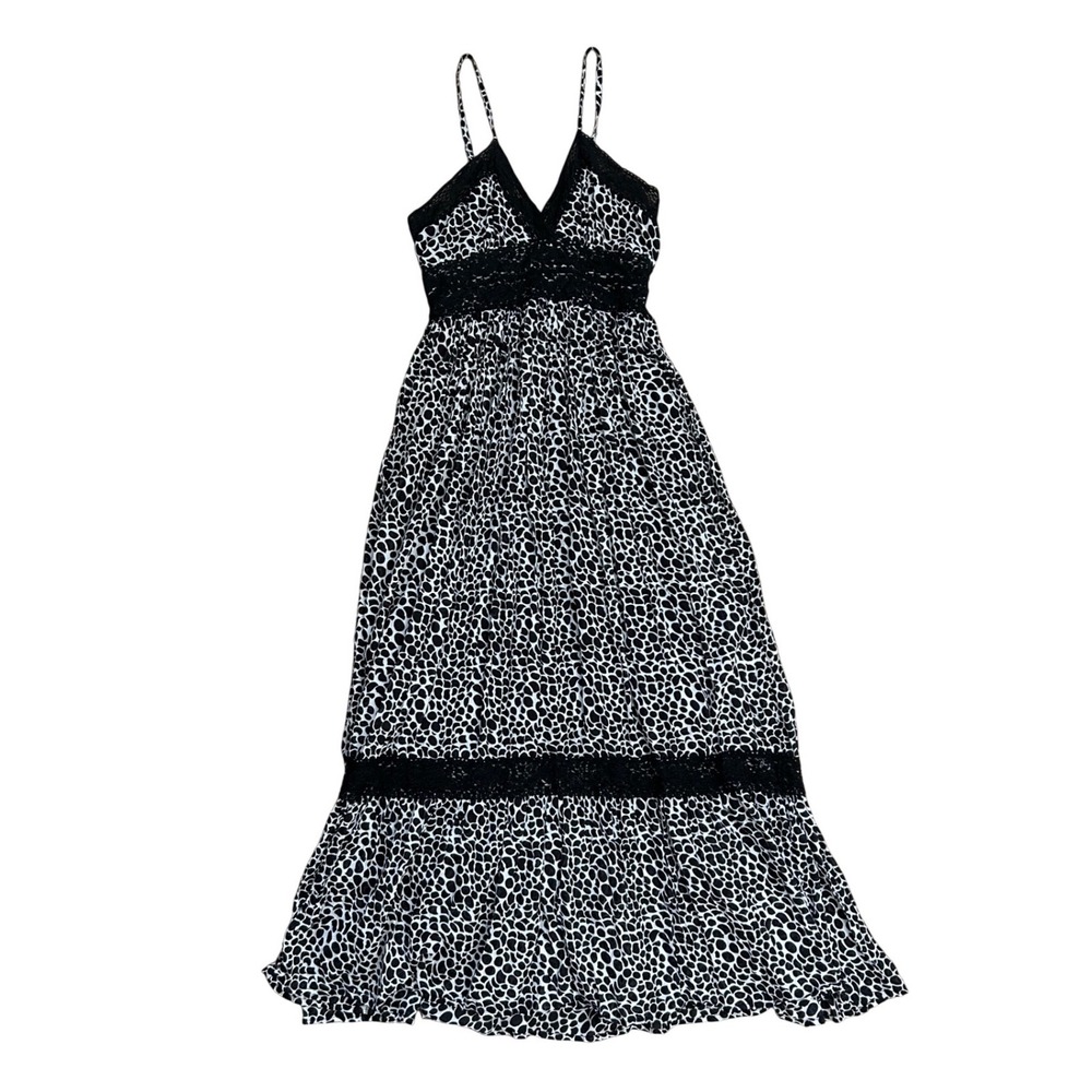 Papillon Animal Print Cotton lace Boho Maxi Dress M‎ Black White prairie y2k